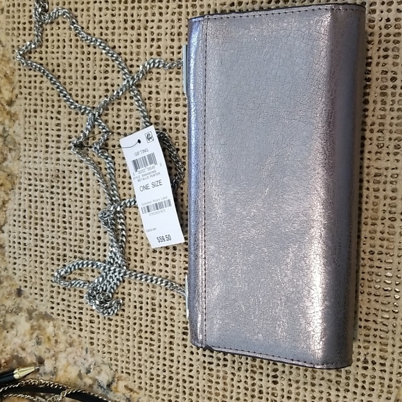INC womens metallic pewter/silver crossbody clutch with silver chain strap - Picture 8 of 8